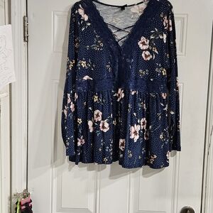 Torrid Navy Floral Blouse with Lace Detail